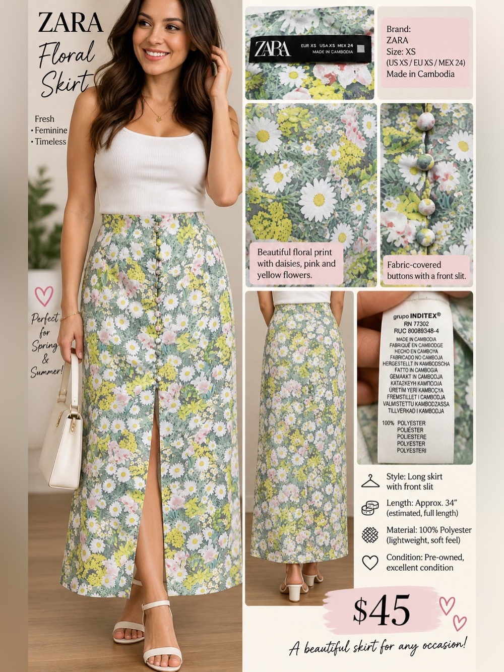 Zara Floral Print Skirt with Daisies